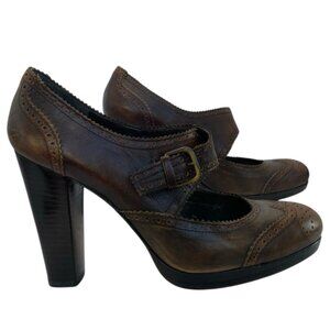 Stuart Weitzman Leather Wing Tip Mary Jane Heels Size 9.5 Brown Whimsygoth